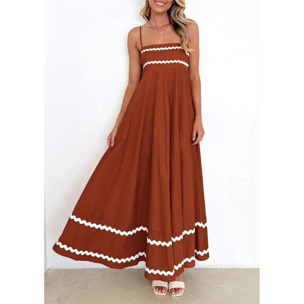 Women's Rust Casual Sleeveless Spaghetti Strap Ruffle Beach Maxi Dress